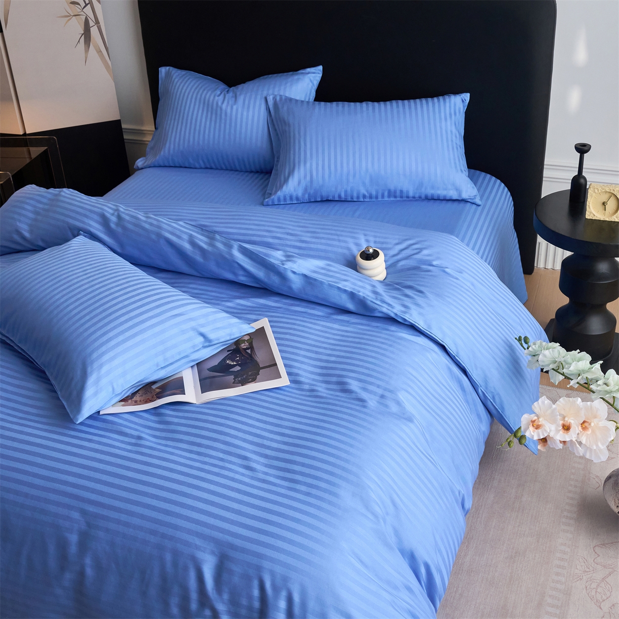 91家纺网 家纺一手货源 找家纺 兰紫橙家纺 2026新款全棉纯棉纯色贡缎缎条四件套 缎条-天蓝