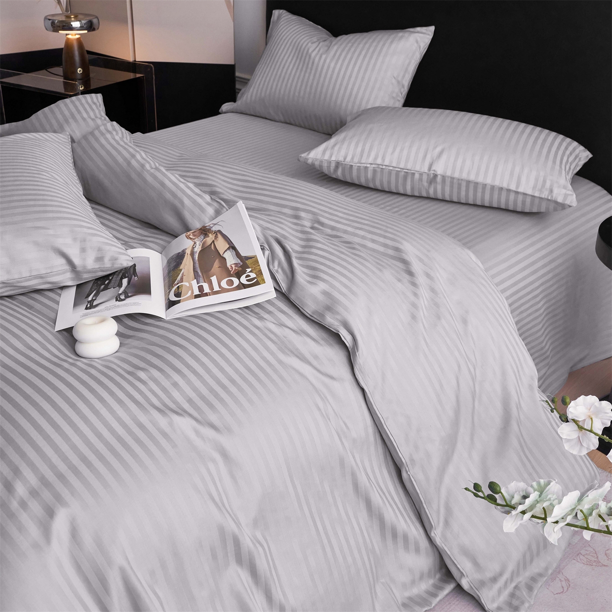 91家纺网 家纺一手货源 找家纺 兰紫橙家纺 2026新款全棉纯棉纯色贡缎缎条四件套 缎条-灰色