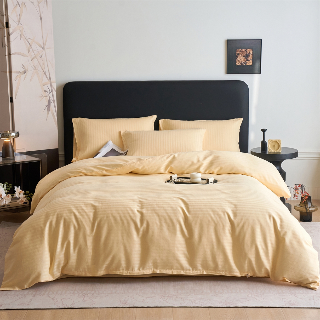 91家纺网 家纺一手货源 找家纺 兰紫橙家纺 2026新款全棉纯棉纯色贡缎缎条四件套 缎条-米黄