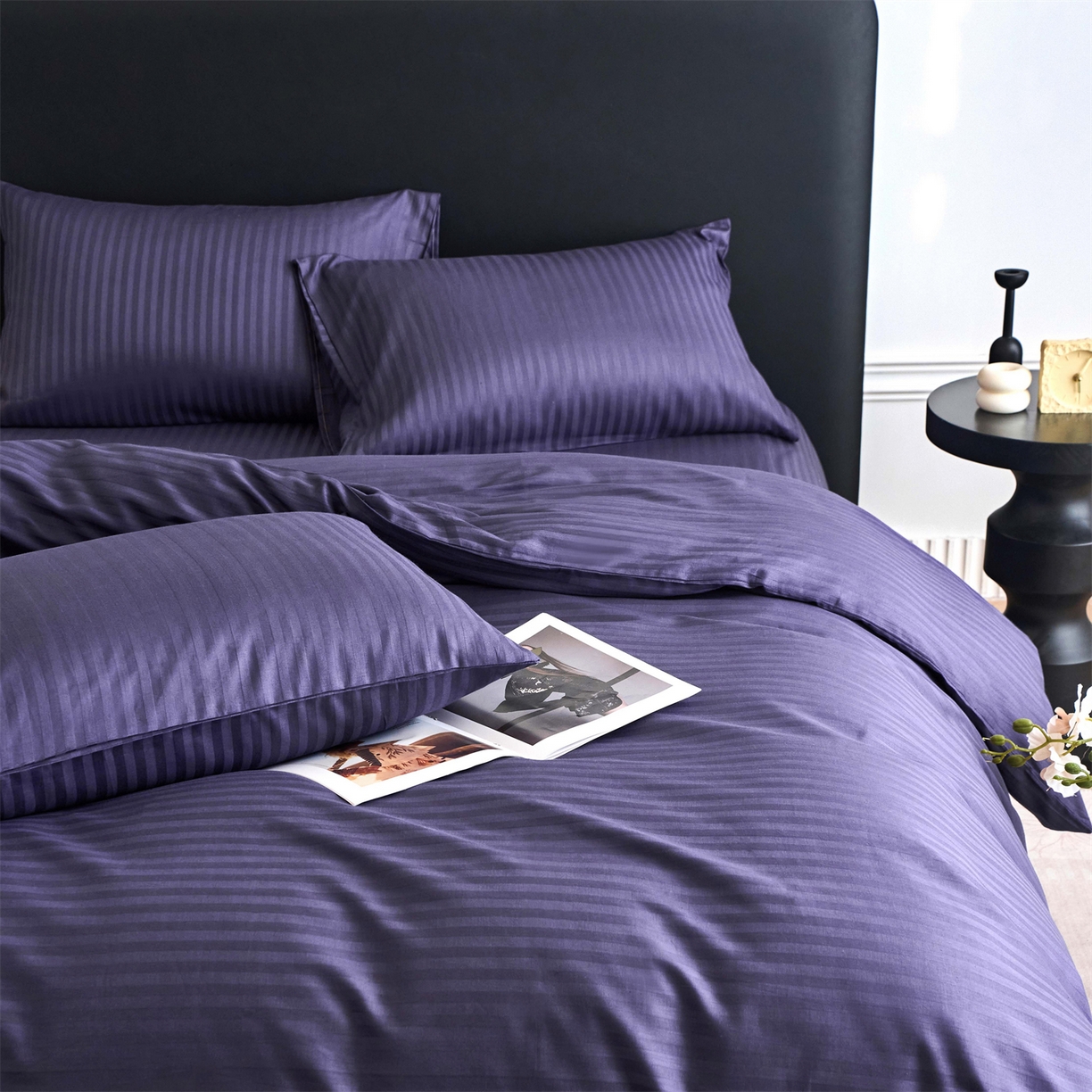 91家纺网 家纺一手货源 找家纺 兰紫橙家纺 2026新款全棉纯棉纯色贡缎缎条四件套 缎条-紫罗兰