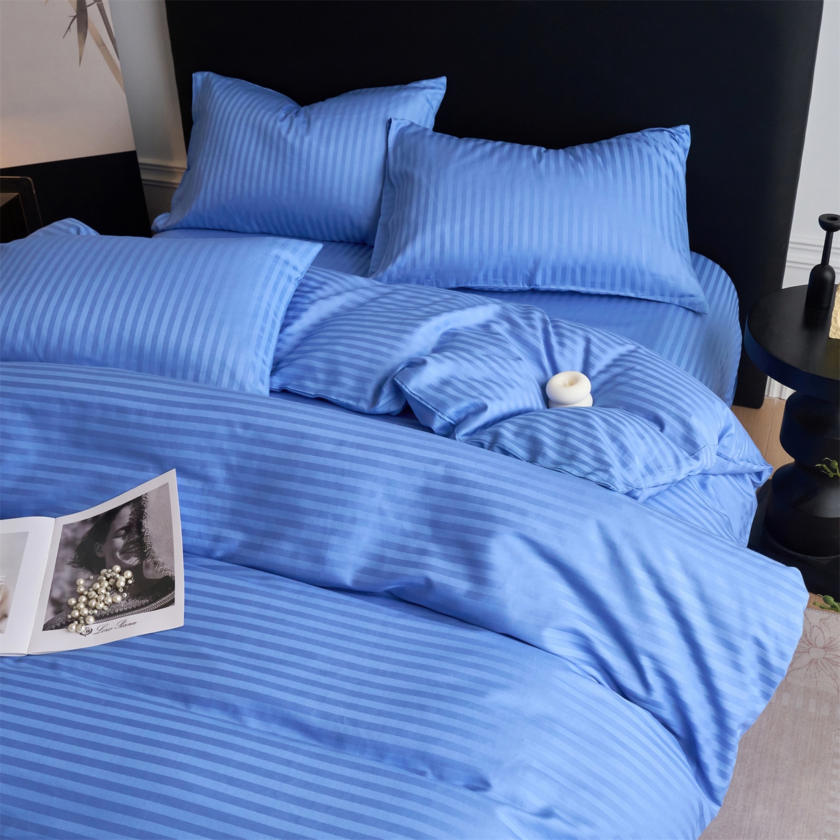 91家纺网 家纺一手货源 找家纺 兰紫橙家纺 2026新款全棉纯棉纯色贡缎缎条四件套 缎条-天蓝