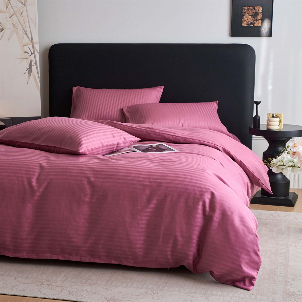 91家纺网 家纺一手货源 找家纺 兰紫橙家纺 2026新款全棉纯棉纯色贡缎缎条四件套 缎条-豆沙