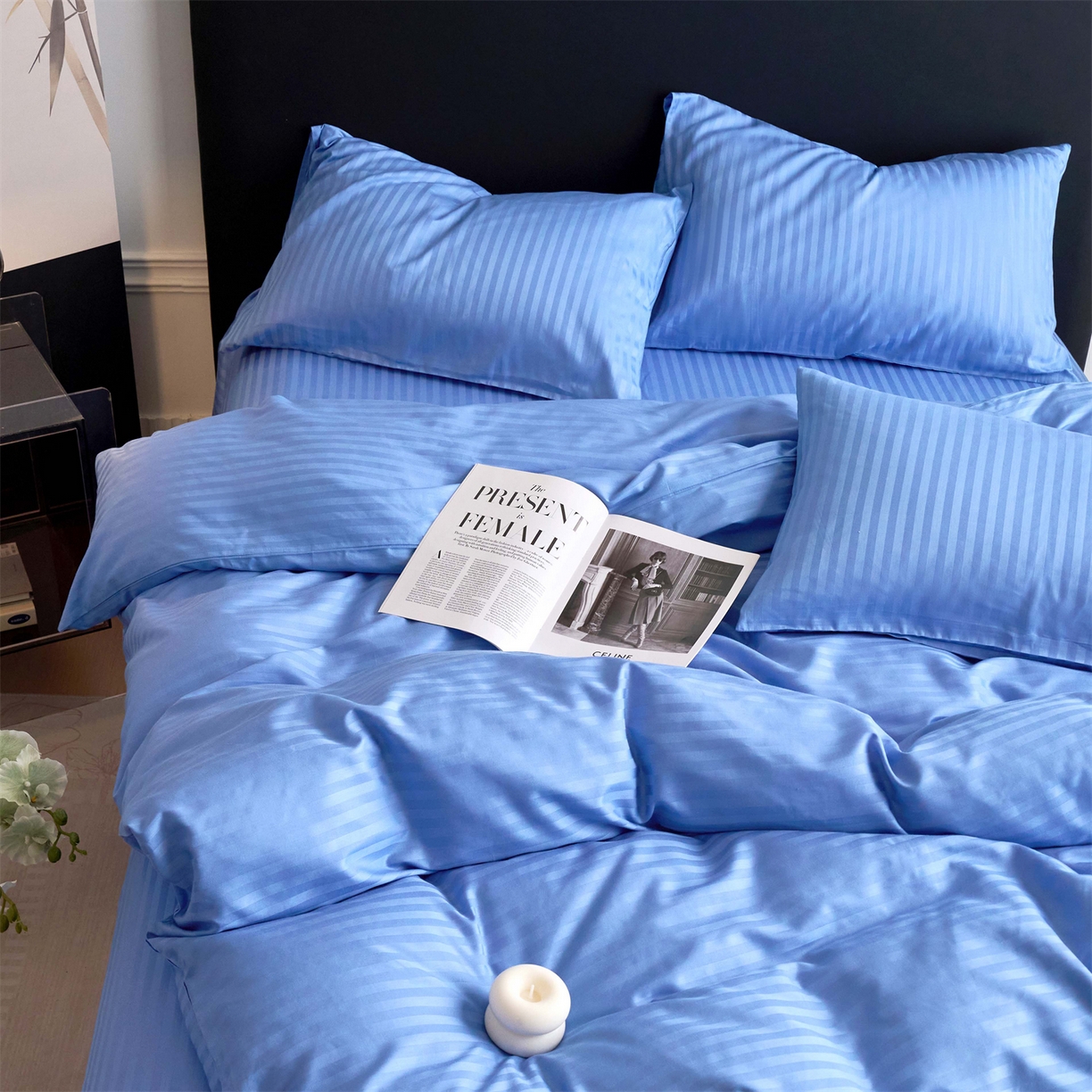 91家纺网 家纺一手货源 找家纺 兰紫橙家纺 2026新款全棉纯棉纯色贡缎缎条四件套 缎条-天蓝