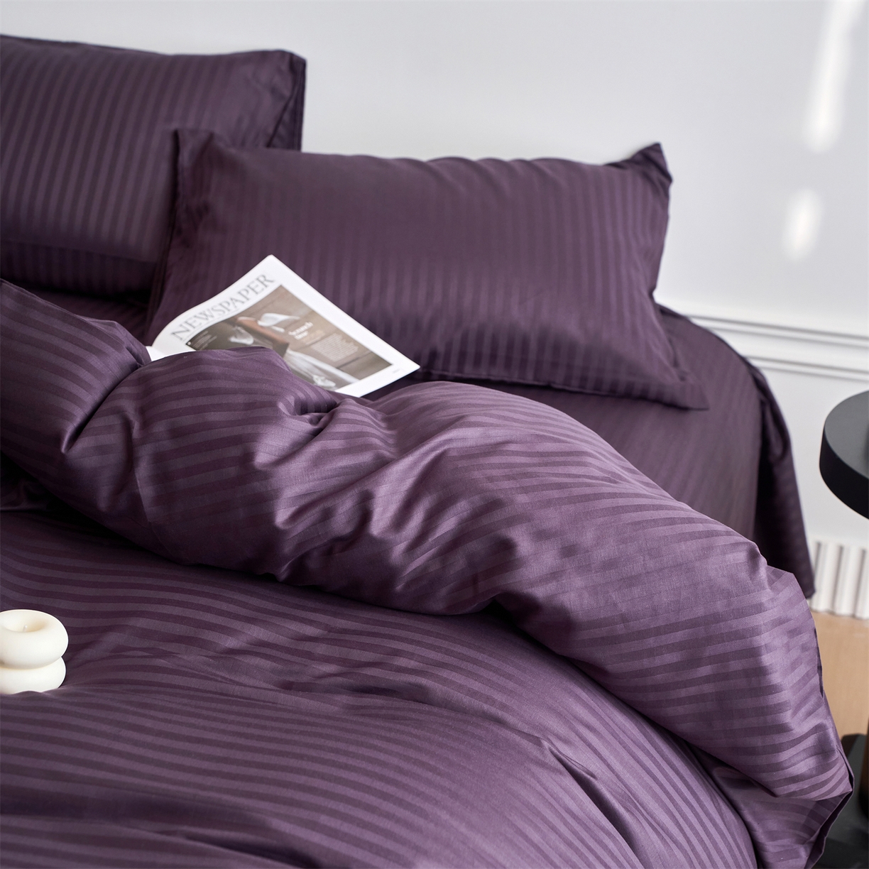 91家纺网 家纺一手货源 找家纺 兰紫橙家纺 2026新款全棉纯棉纯色贡缎缎条四件套 缎条-茄紫