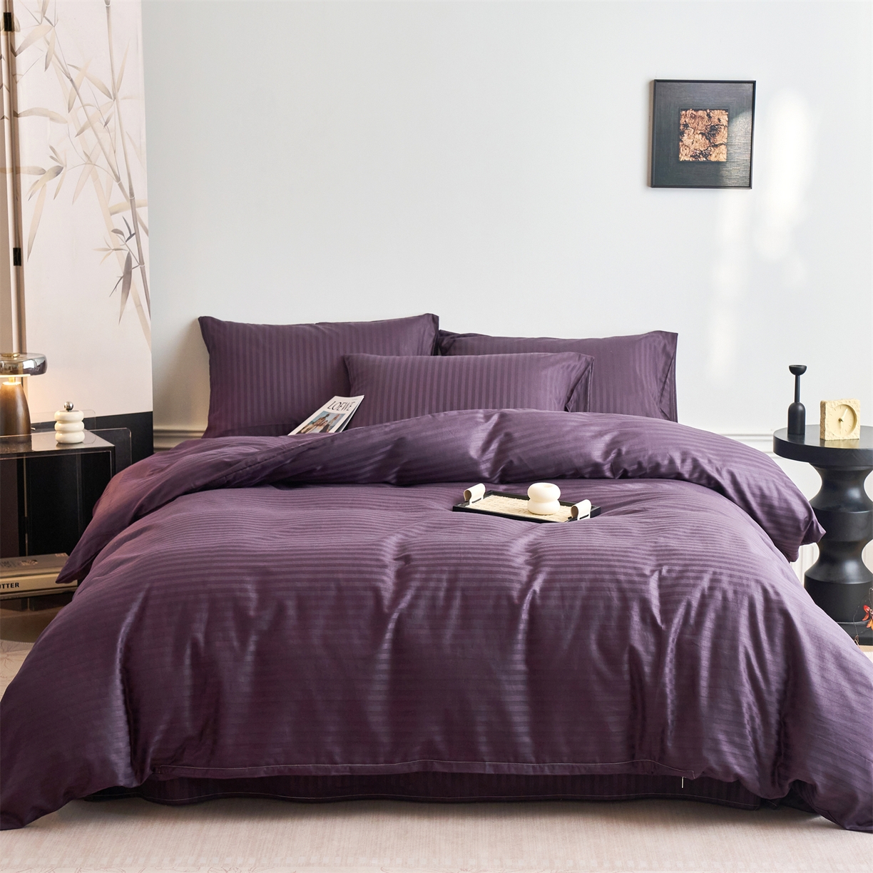 91家纺网 家纺一手货源 找家纺 兰紫橙家纺 2026新款全棉纯棉纯色贡缎缎条四件套 缎条-茄紫