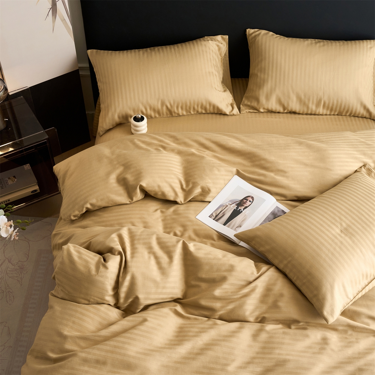 91家纺网 家纺一手货源 找家纺 兰紫橙家纺 2026新款全棉纯棉纯色贡缎缎条四件套 缎条-卡其