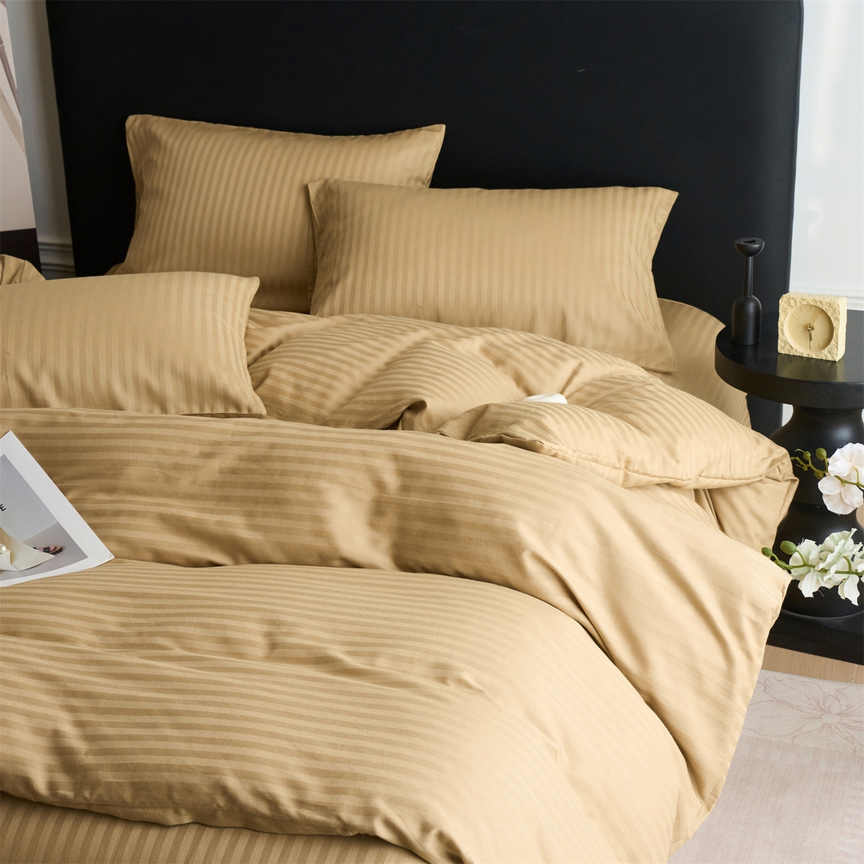 91家纺网 家纺一手货源 找家纺 兰紫橙家纺 2026新款全棉纯棉纯色贡缎缎条四件套 缎条-卡其