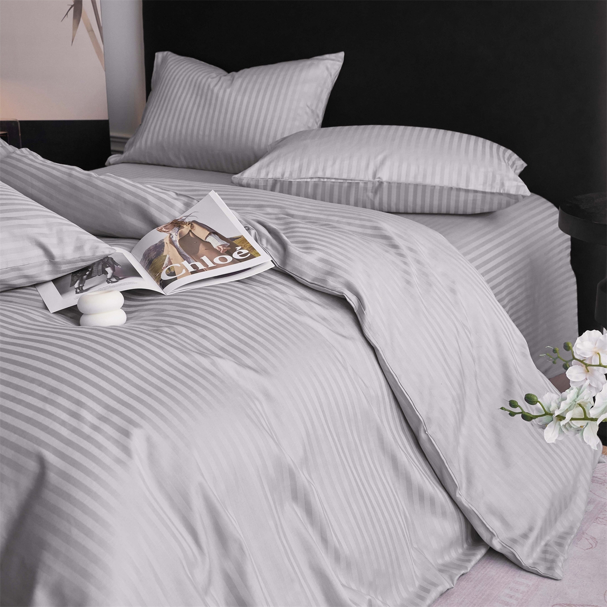 91家纺网 家纺一手货源 找家纺 兰紫橙家纺 2026新款全棉纯棉纯色贡缎缎条四件套 缎条-灰色