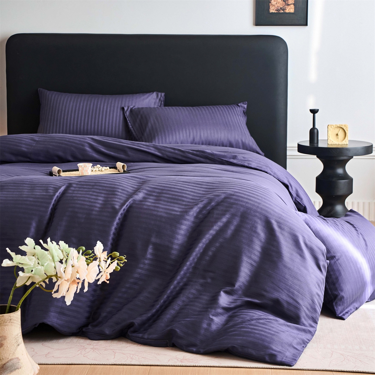 91家纺网 家纺一手货源 找家纺 兰紫橙家纺 2026新款全棉纯棉纯色贡缎缎条四件套 缎条-紫罗兰