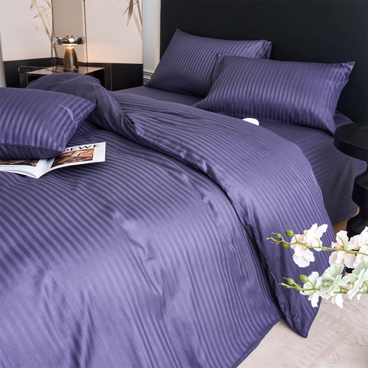 91家纺网 家纺一手货源 找家纺 兰紫橙家纺 2026新款全棉纯棉纯色贡缎缎条四件套 缎条-紫罗兰