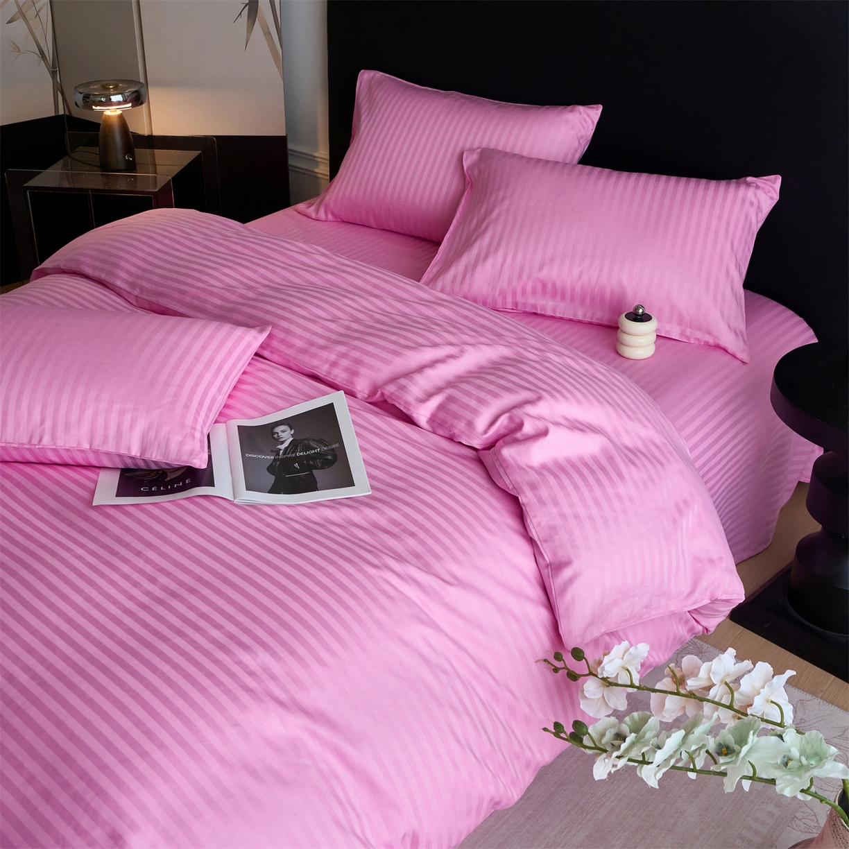 91家纺网 家纺一手货源 找家纺 兰紫橙家纺 2026新款全棉纯棉纯色贡缎缎条四件套 缎条-粉色