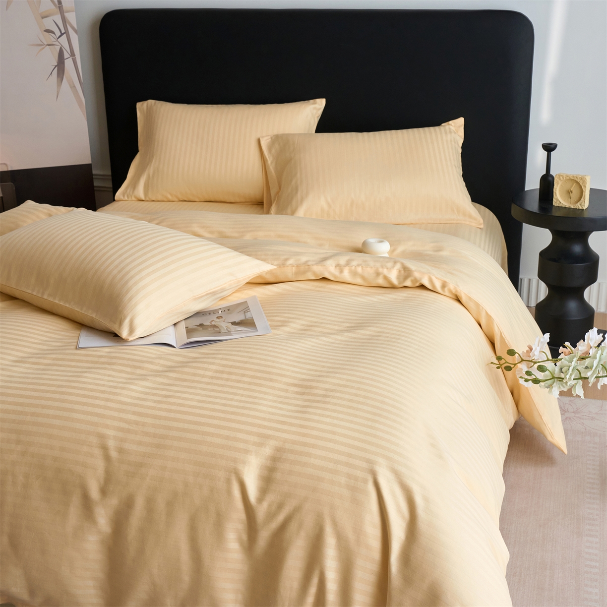 91家纺网 家纺一手货源 找家纺 兰紫橙家纺 2026新款全棉纯棉纯色贡缎缎条四件套 缎条-米黄