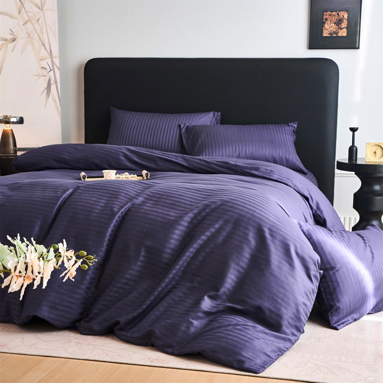 91家纺网 家纺一手货源 找家纺 兰紫橙家纺 2026新款全棉纯棉纯色贡缎缎条四件套 缎条-紫罗兰