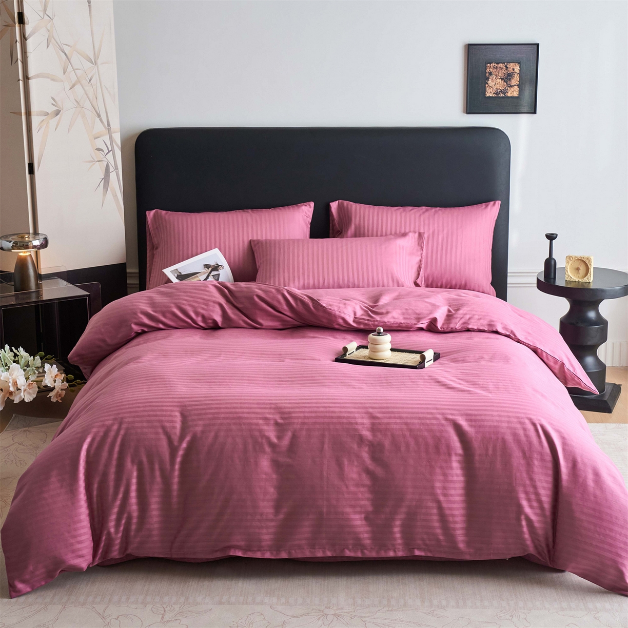 91家纺网 家纺一手货源 找家纺 兰紫橙家纺 2026新款全棉纯棉纯色贡缎缎条四件套 缎条-豆沙