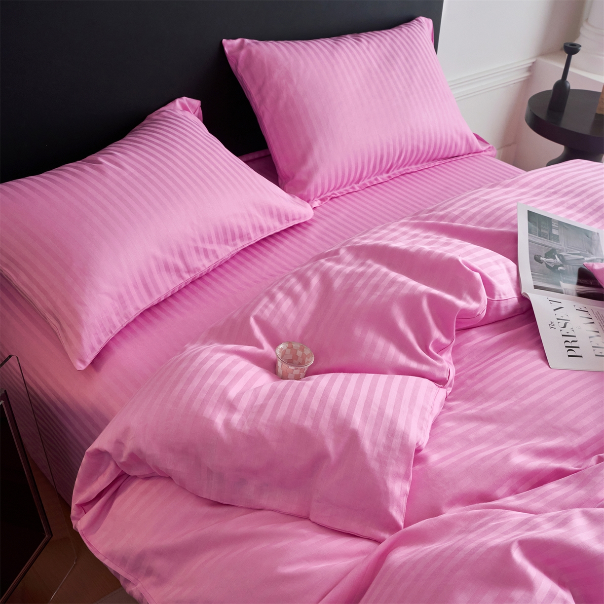 91家纺网 家纺一手货源 找家纺 兰紫橙家纺 2026新款全棉纯棉纯色贡缎缎条四件套 缎条-粉色