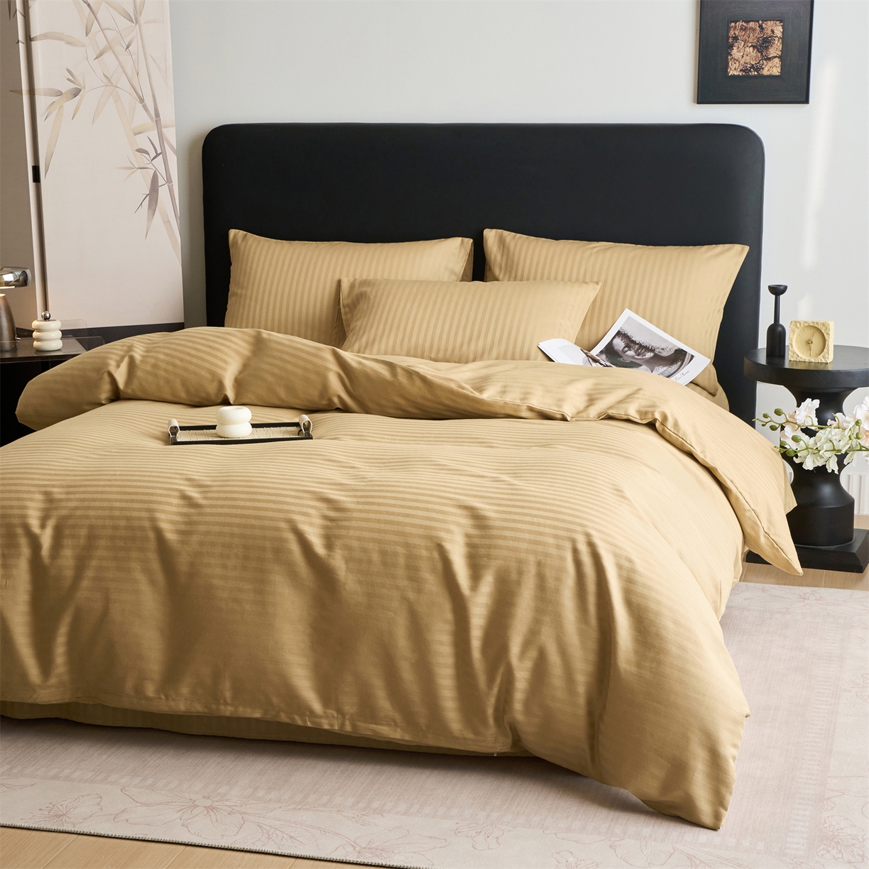 91家纺网 家纺一手货源 找家纺 兰紫橙家纺 2026新款全棉纯棉纯色贡缎缎条四件套 缎条-卡其