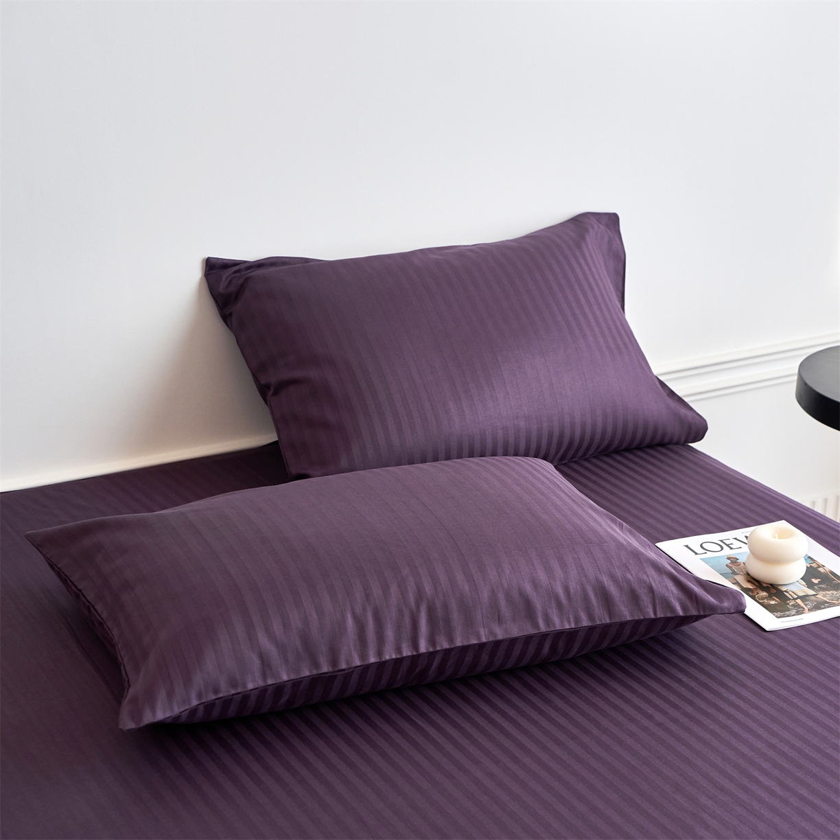 91家纺网 家纺一手货源 找家纺 兰紫橙家纺 2026新款全棉纯棉纯色贡缎缎条四件套 缎条-茄紫