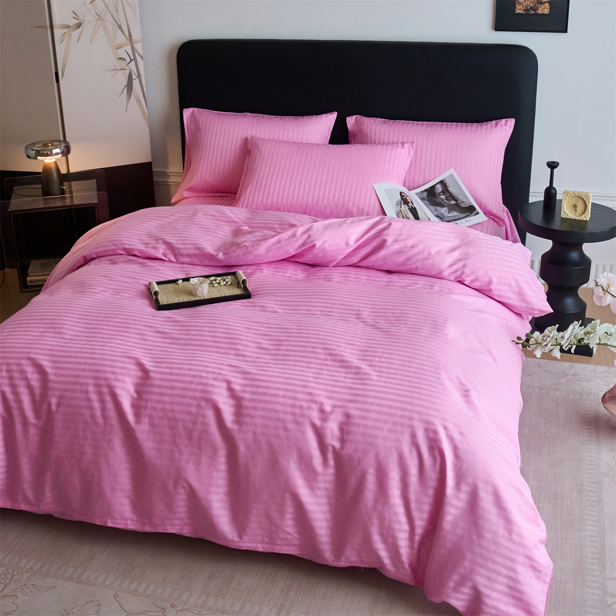 91家纺网 家纺一手货源 找家纺 兰紫橙家纺 2026新款全棉纯棉纯色贡缎缎条四件套 缎条-粉色