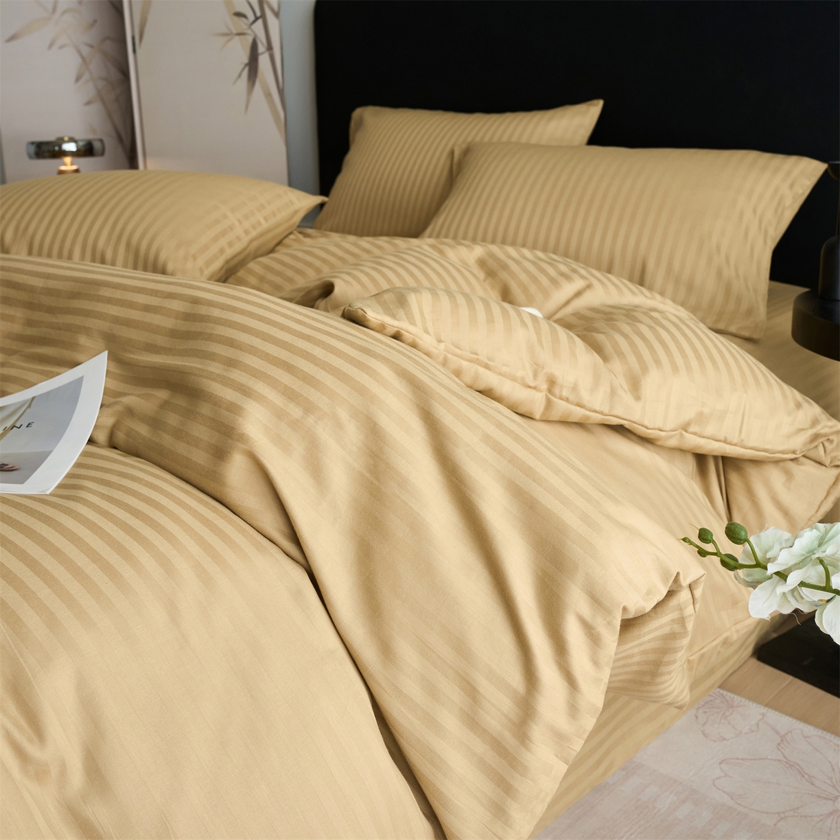 兰紫橙家纺 2026新款全棉纯棉纯色贡缎缎条四件套 缎条-卡其