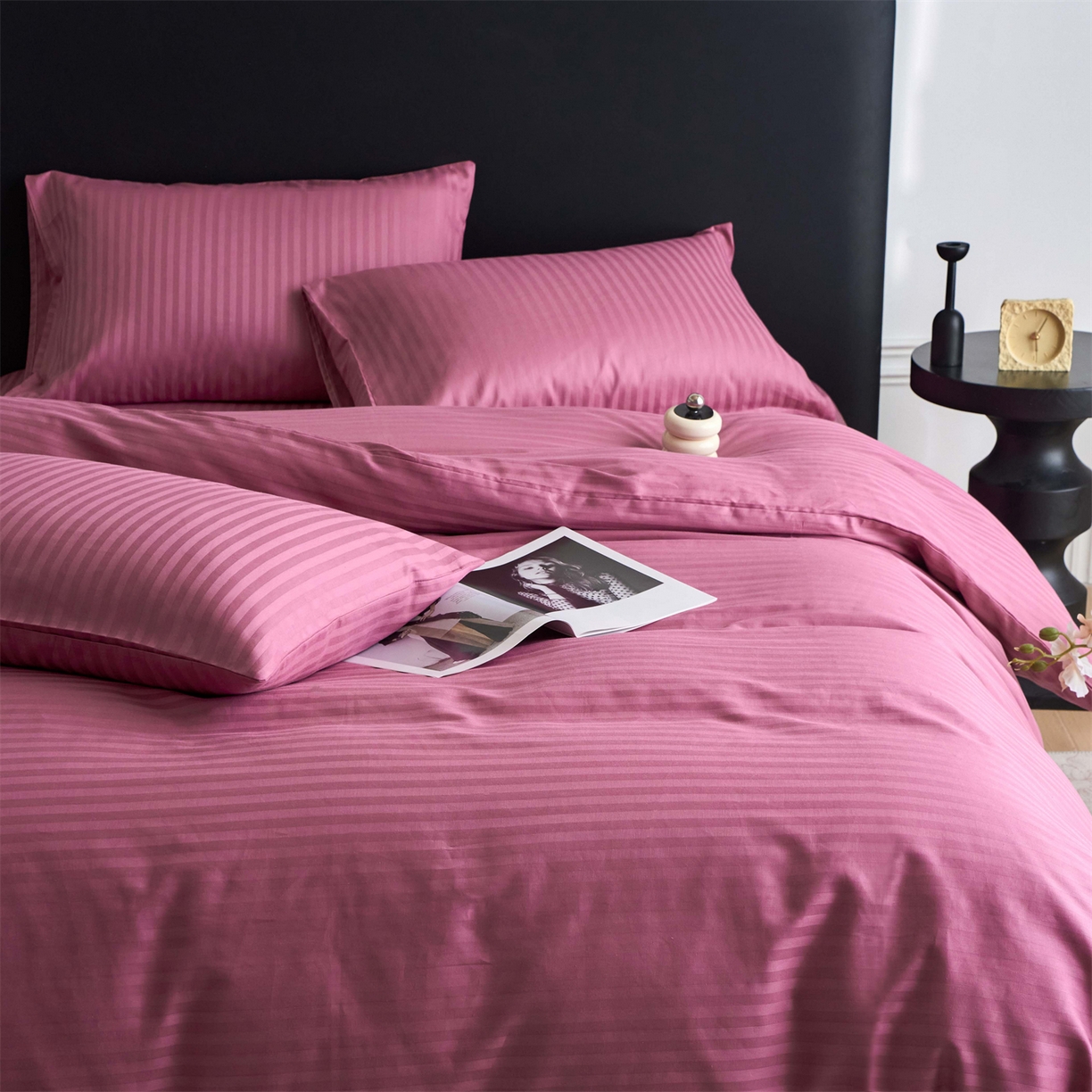 91家纺网 家纺一手货源 找家纺 兰紫橙家纺 2026新款全棉纯棉纯色贡缎缎条四件套 缎条-豆沙