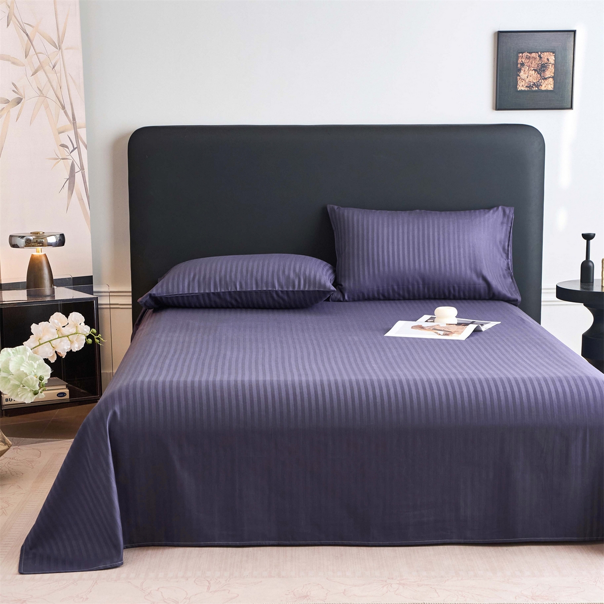 91家纺网 家纺一手货源 找家纺 兰紫橙家纺 2026新款全棉纯棉纯色贡缎缎条四件套 缎条-紫罗兰