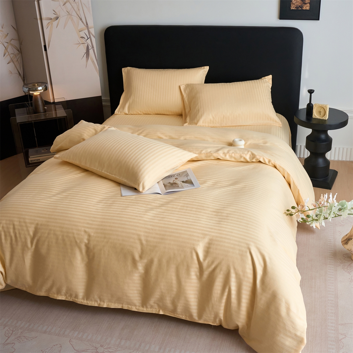 91家纺网 家纺一手货源 找家纺 兰紫橙家纺 2026新款全棉纯棉纯色贡缎缎条四件套 缎条-米黄