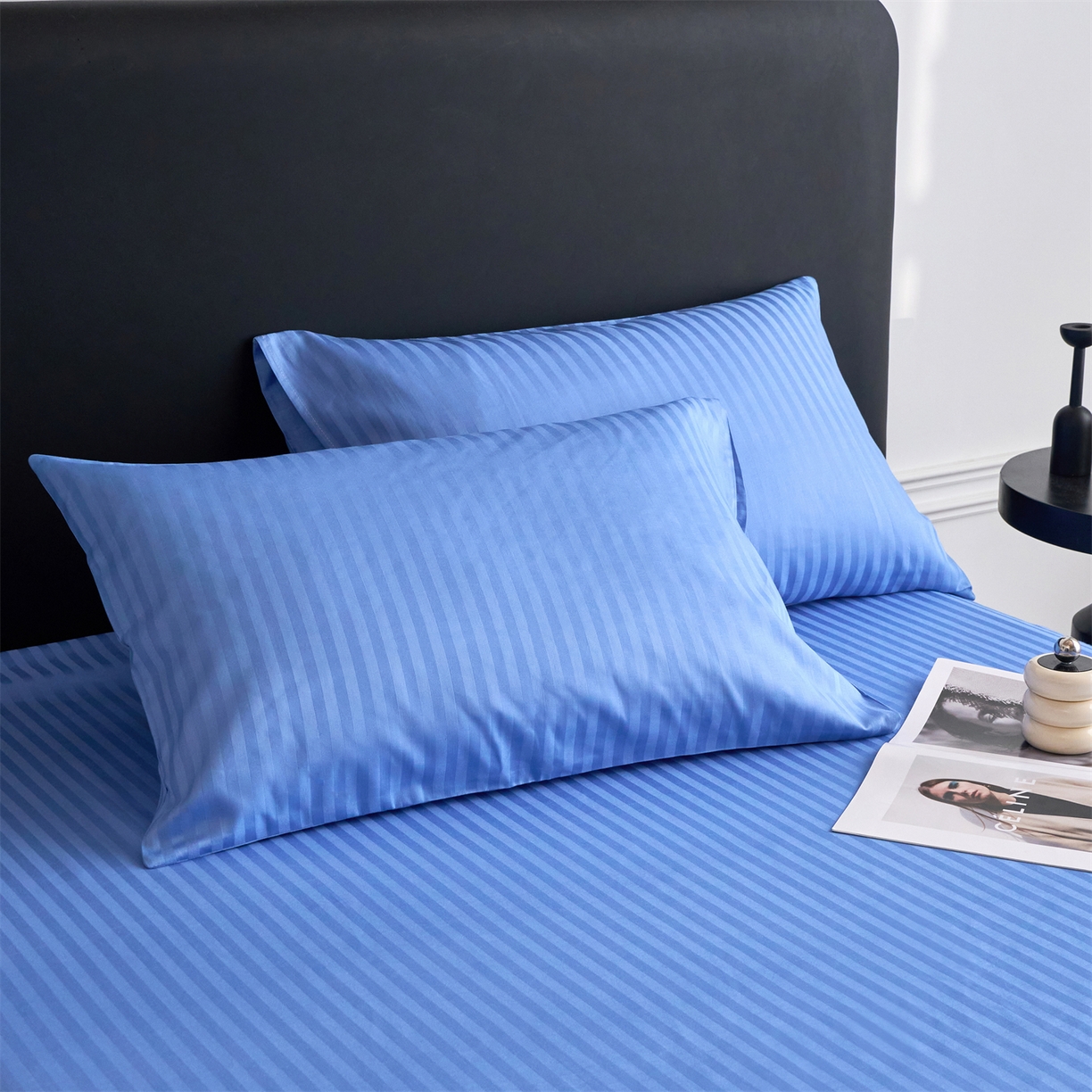 91家纺网 家纺一手货源 找家纺 兰紫橙家纺 2026新款全棉纯棉纯色贡缎缎条四件套 缎条-天蓝