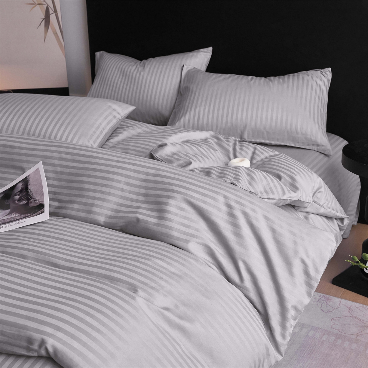 91家纺网 家纺一手货源 找家纺 兰紫橙家纺 2026新款全棉纯棉纯色贡缎缎条四件套 缎条-灰色