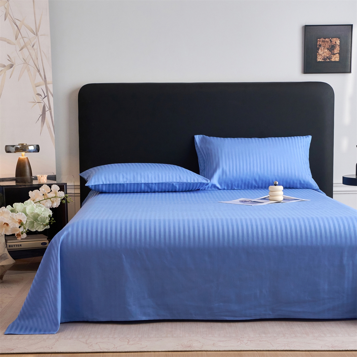 91家纺网 家纺一手货源 找家纺 兰紫橙家纺 2026新款全棉纯棉纯色贡缎缎条四件套 缎条-天蓝