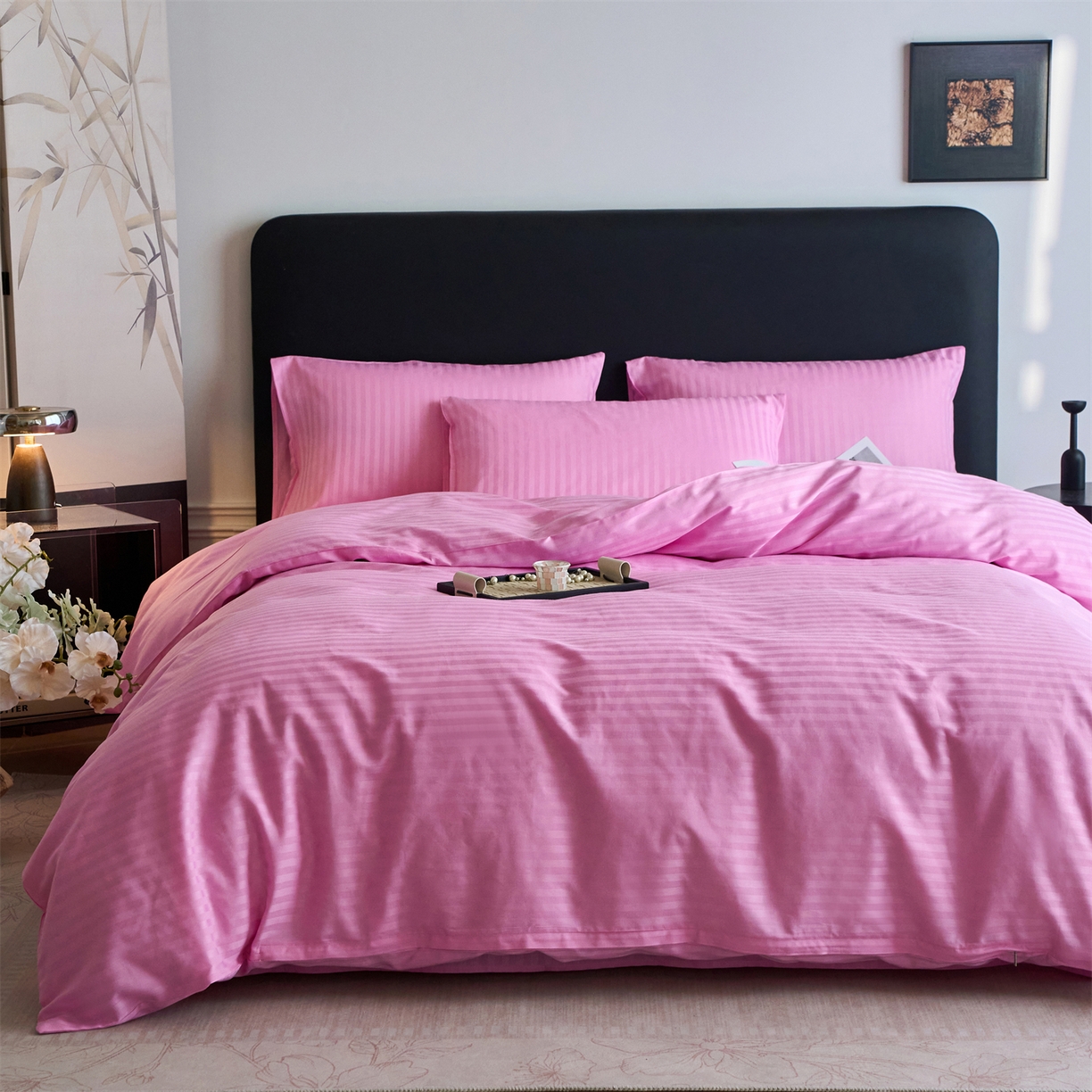 91家纺网 家纺一手货源 找家纺 兰紫橙家纺 2026新款全棉纯棉纯色贡缎缎条四件套 缎条-粉色