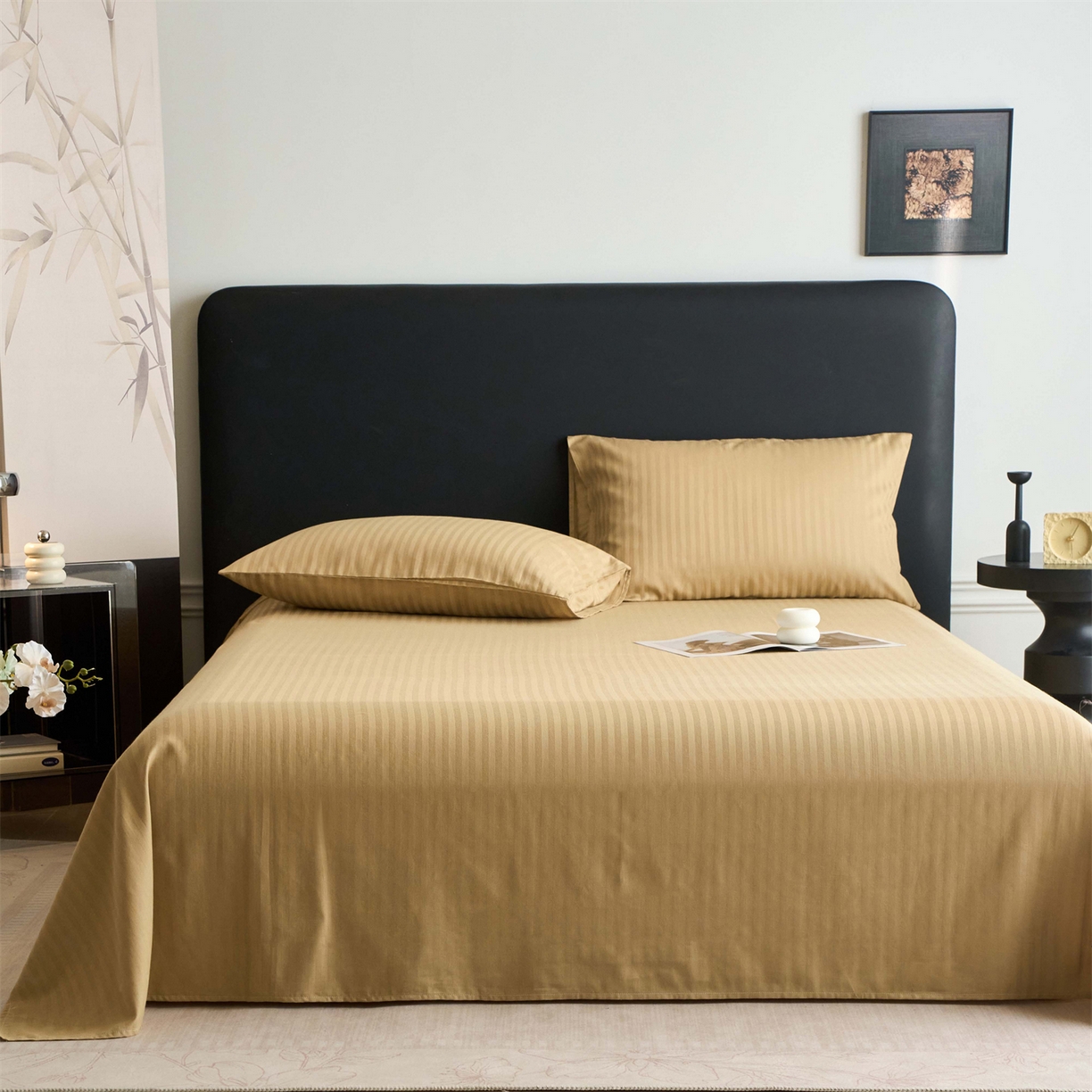 91家纺网 家纺一手货源 找家纺 兰紫橙家纺 2026新款全棉纯棉纯色贡缎缎条四件套 缎条-卡其