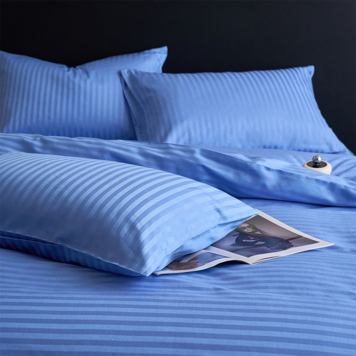 91家纺网 家纺一手货源 找家纺 兰紫橙家纺 2026新款全棉纯棉纯色贡缎缎条四件套 缎条-天蓝