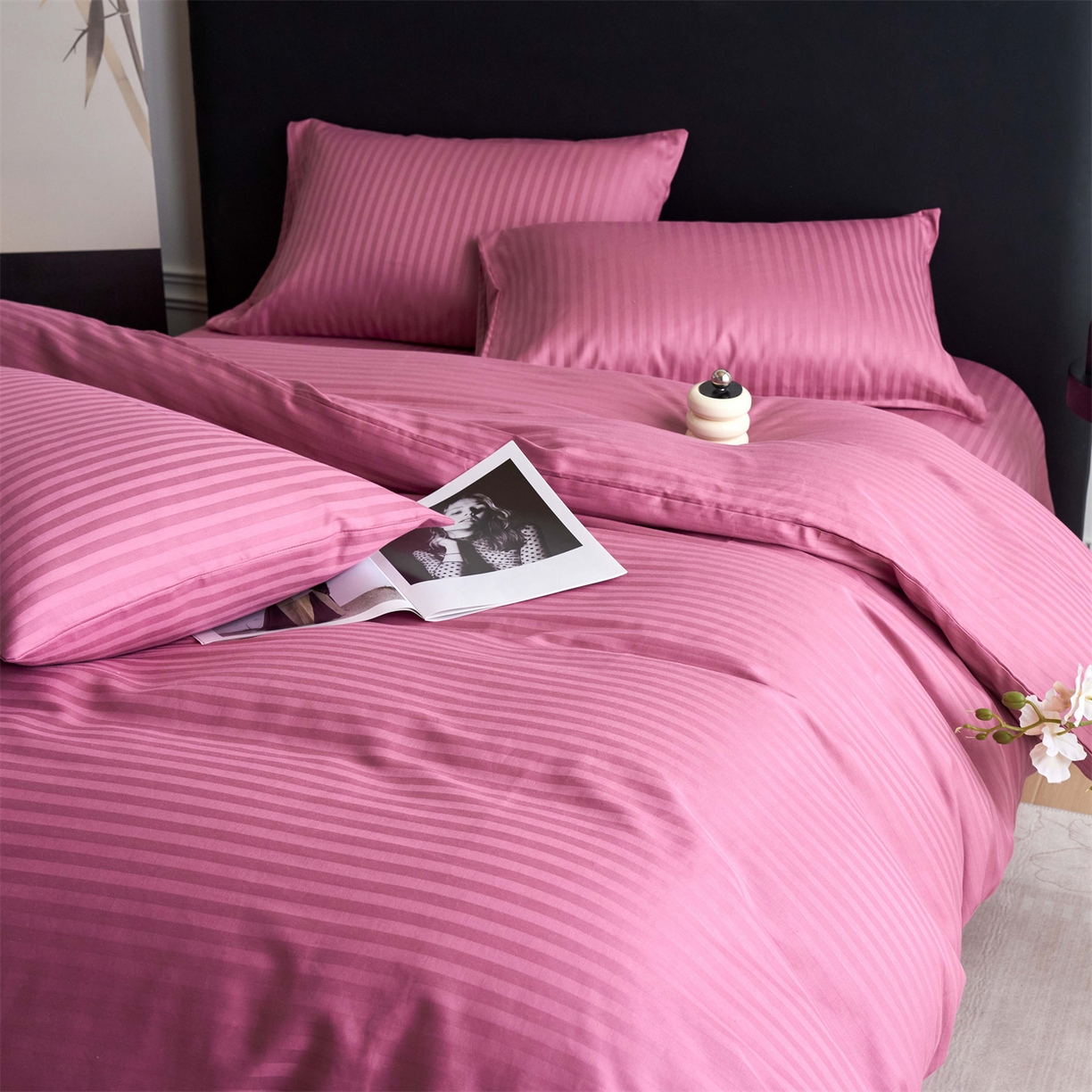 91家纺网 家纺一手货源 找家纺 兰紫橙家纺 2026新款全棉纯棉纯色贡缎缎条四件套 缎条-豆沙