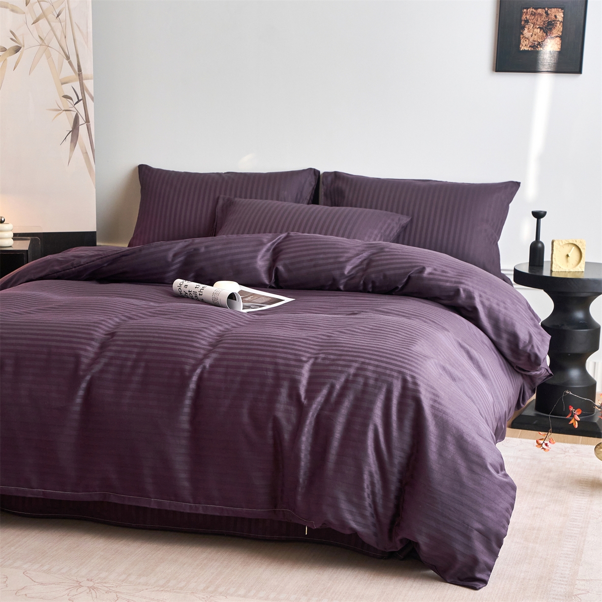 91家纺网 家纺一手货源 找家纺 兰紫橙家纺 2026新款全棉纯棉纯色贡缎缎条四件套 缎条-茄紫