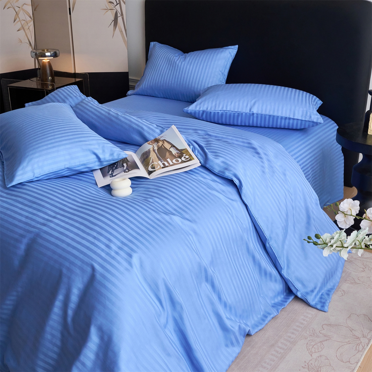 91家纺网 家纺一手货源 找家纺 兰紫橙家纺 2026新款全棉纯棉纯色贡缎缎条四件套 缎条-天蓝