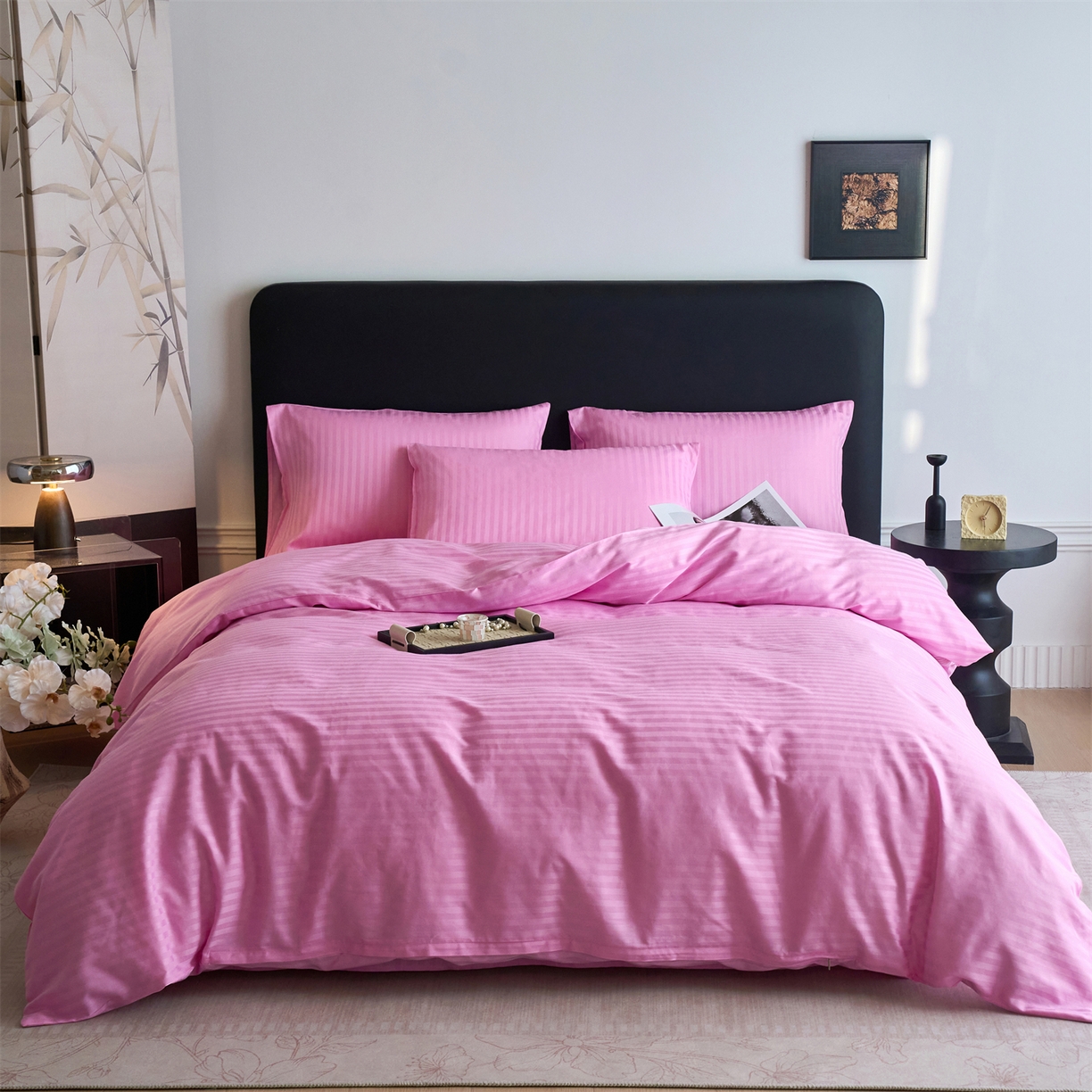 91家纺网 家纺一手货源 找家纺 兰紫橙家纺 2026新款全棉纯棉纯色贡缎缎条四件套 缎条-粉色