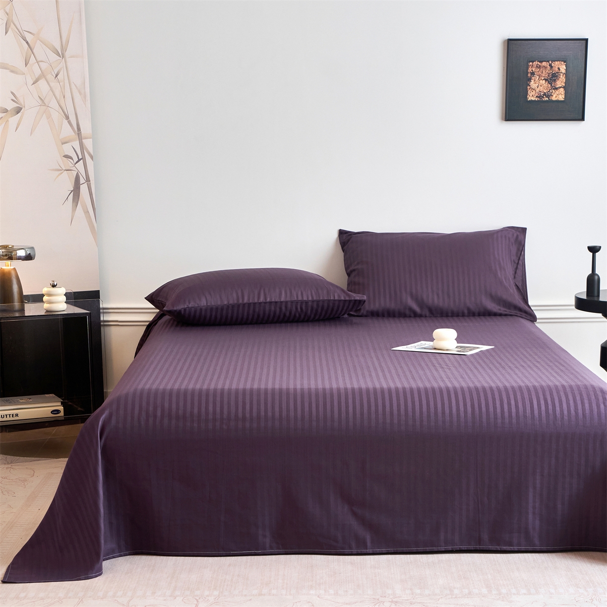 91家纺网 家纺一手货源 找家纺 兰紫橙家纺 2026新款全棉纯棉纯色贡缎缎条四件套 缎条-茄紫