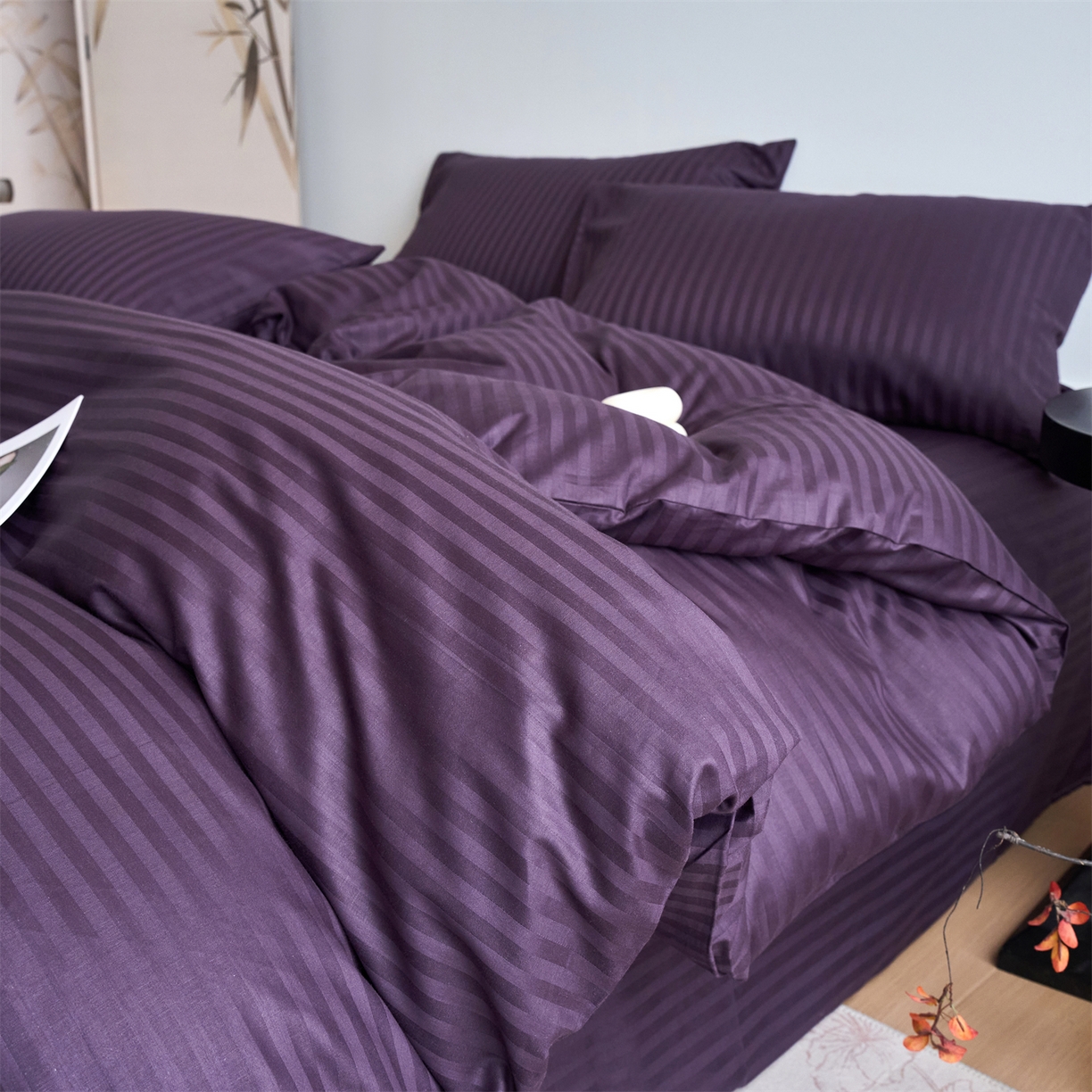 兰紫橙家纺 2026新款全棉纯棉纯色贡缎缎条四件套 缎条-茄紫