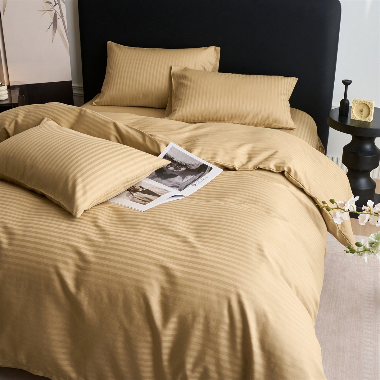 91家纺网 家纺一手货源 找家纺 兰紫橙家纺 2026新款全棉纯棉纯色贡缎缎条四件套 缎条-卡其