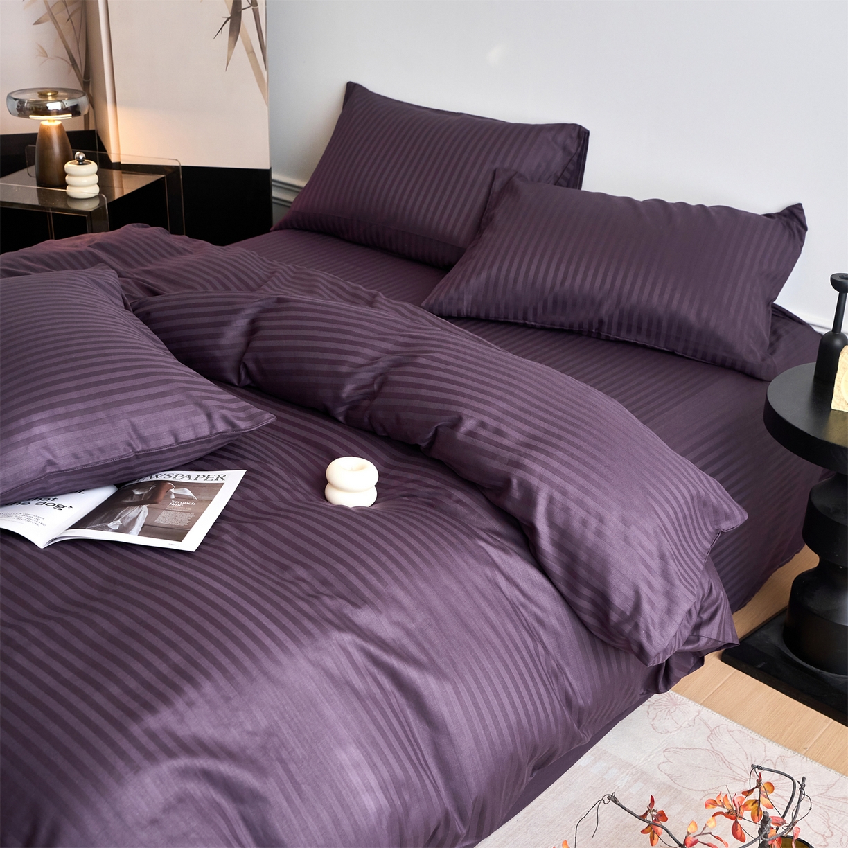 91家纺网 家纺一手货源 找家纺 兰紫橙家纺 2026新款全棉纯棉纯色贡缎缎条四件套 缎条-茄紫