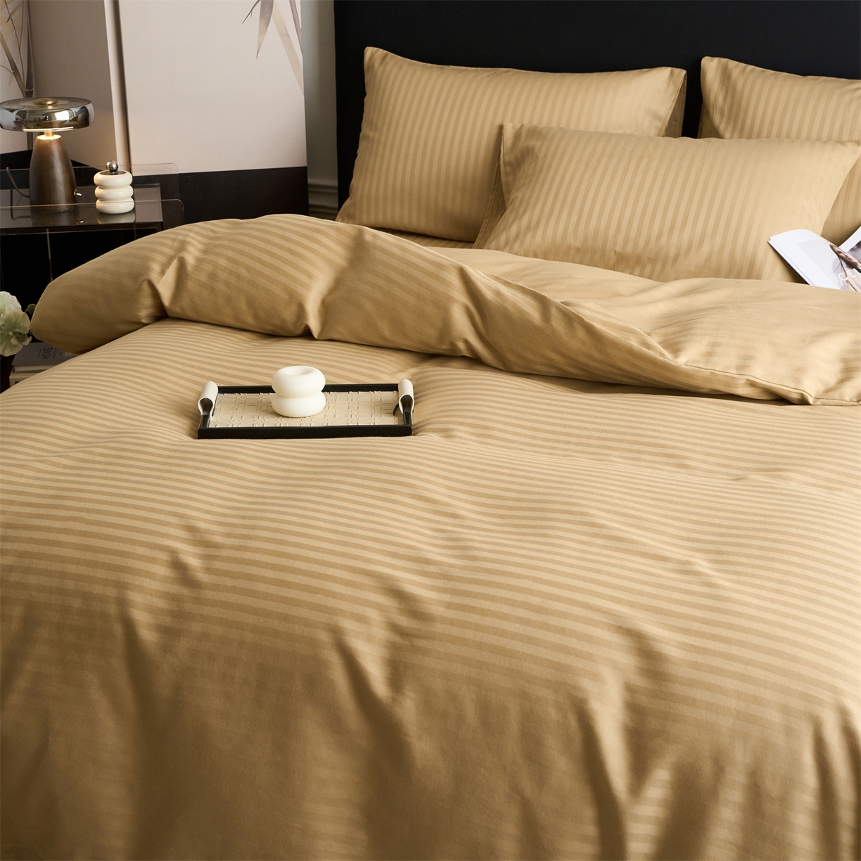 91家纺网 家纺一手货源 找家纺 兰紫橙家纺 2026新款全棉纯棉纯色贡缎缎条四件套 缎条-卡其