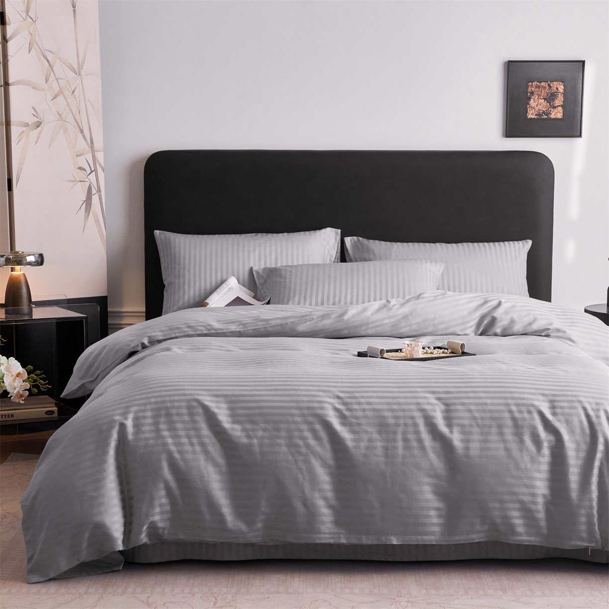 91家纺网 家纺一手货源 找家纺 兰紫橙家纺 2026新款全棉纯棉纯色贡缎缎条四件套 缎条-灰色