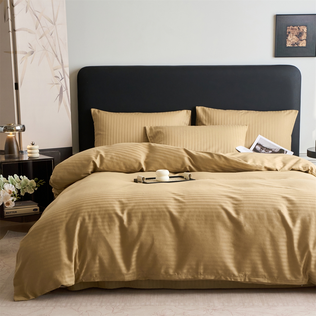 91家纺网 家纺一手货源 找家纺 兰紫橙家纺 2026新款全棉纯棉纯色贡缎缎条四件套 缎条-卡其