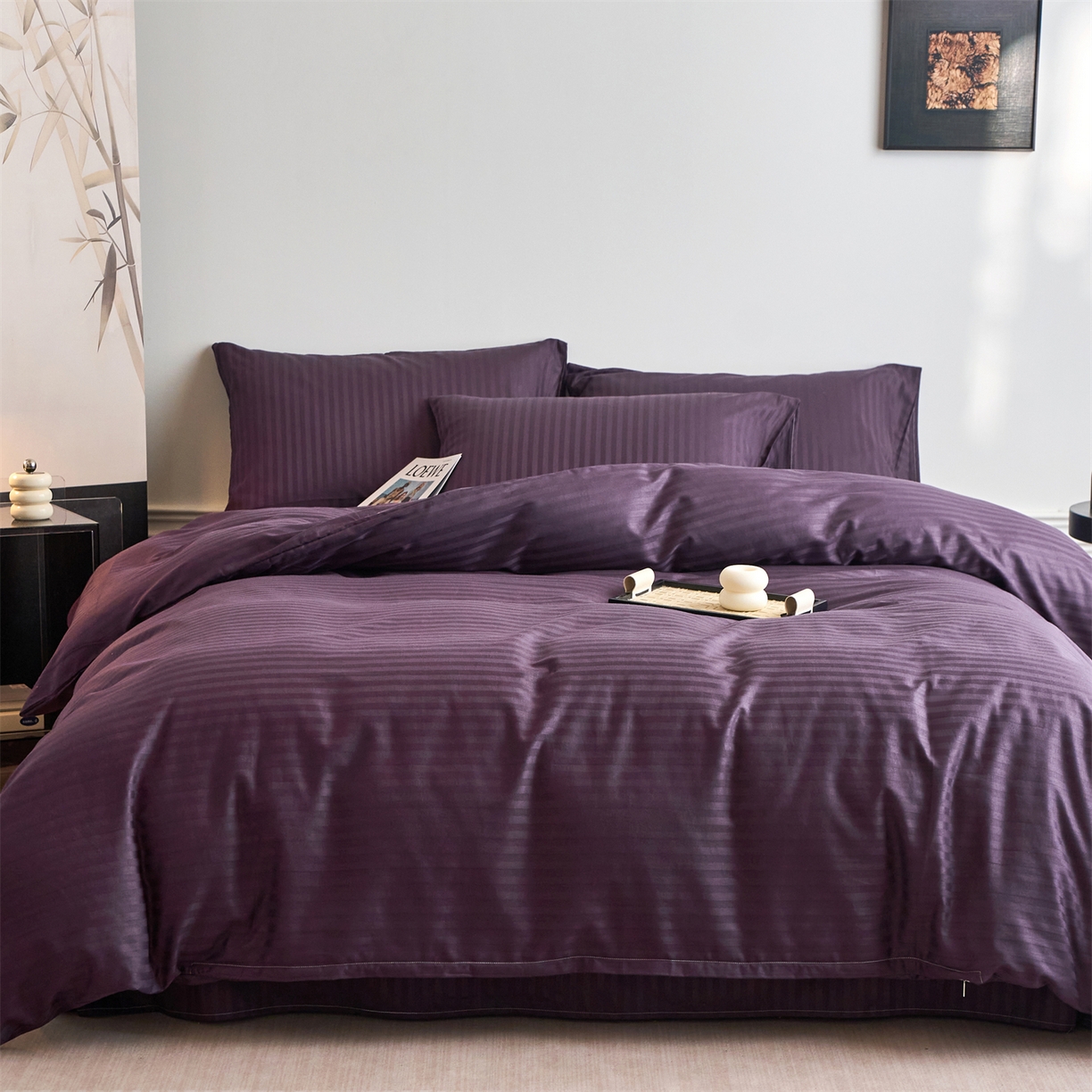 91家纺网 家纺一手货源 找家纺 兰紫橙家纺 2026新款全棉纯棉纯色贡缎缎条四件套 缎条-茄紫