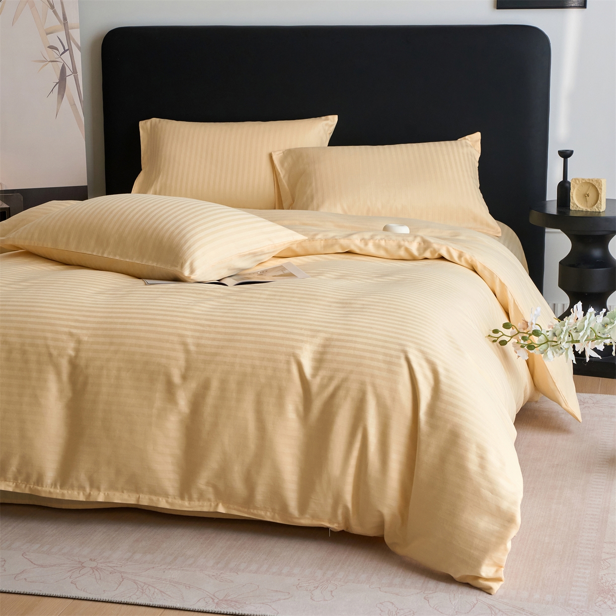 91家纺网 家纺一手货源 找家纺 兰紫橙家纺 2026新款全棉纯棉纯色贡缎缎条四件套 缎条-米黄