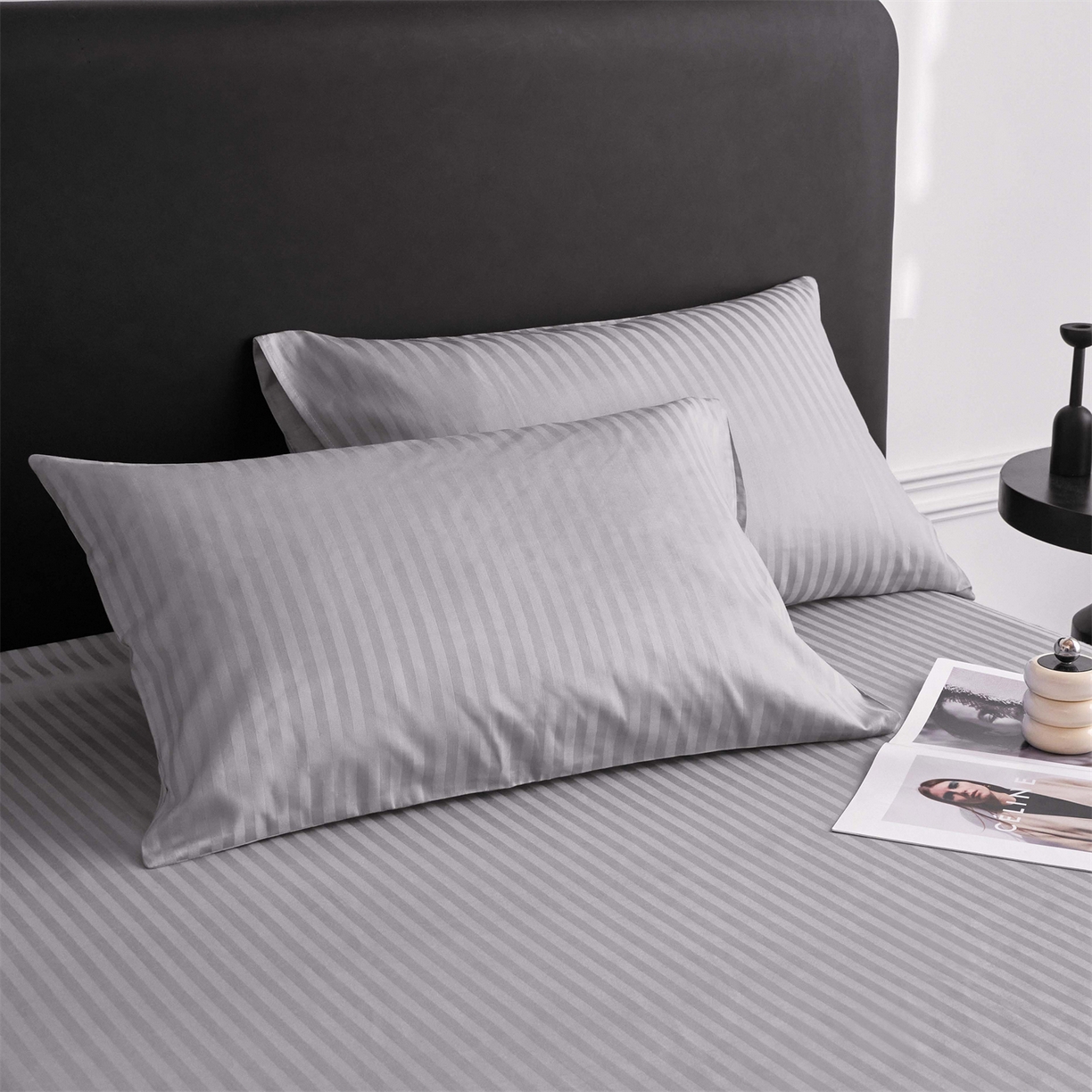 91家纺网 家纺一手货源 找家纺 兰紫橙家纺 2026新款全棉纯棉纯色贡缎缎条四件套 缎条-灰色