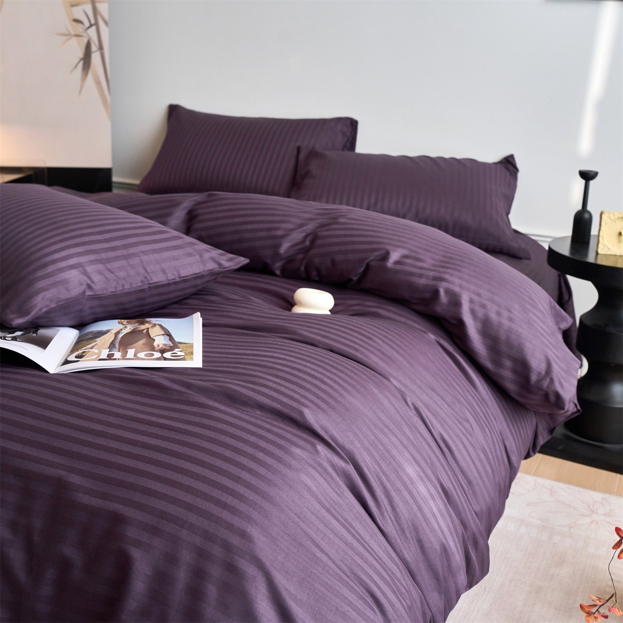 91家纺网 家纺一手货源 找家纺 兰紫橙家纺 2026新款全棉纯棉纯色贡缎缎条四件套 缎条-茄紫