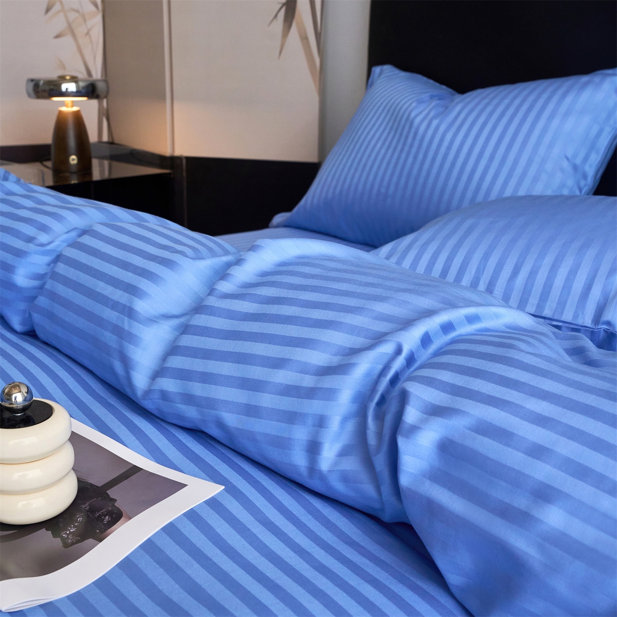 91家纺网 家纺一手货源 找家纺 兰紫橙家纺 2026新款全棉纯棉纯色贡缎缎条四件套 缎条-天蓝