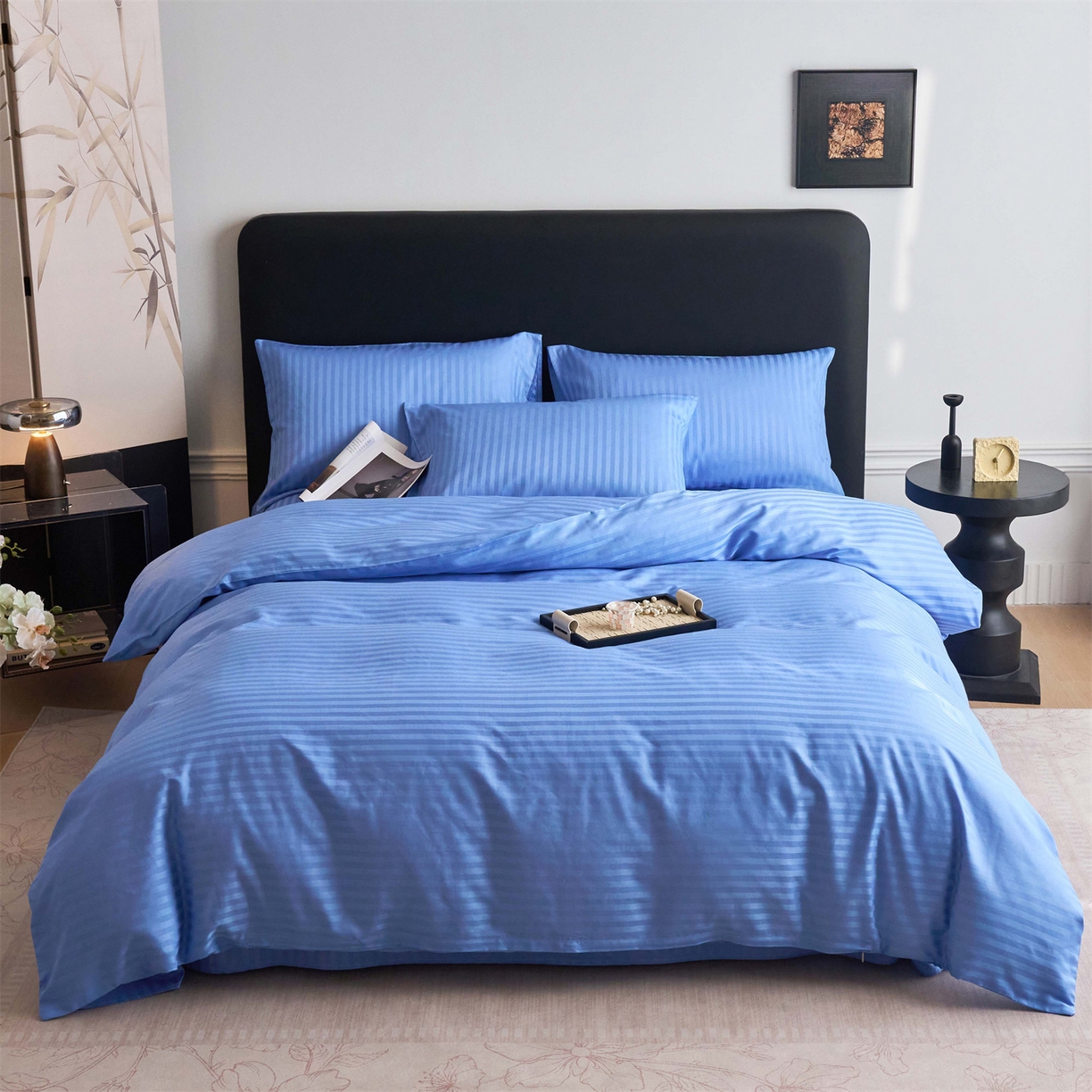 91家纺网 家纺一手货源 找家纺 兰紫橙家纺 2026新款全棉纯棉纯色贡缎缎条四件套 缎条-天蓝