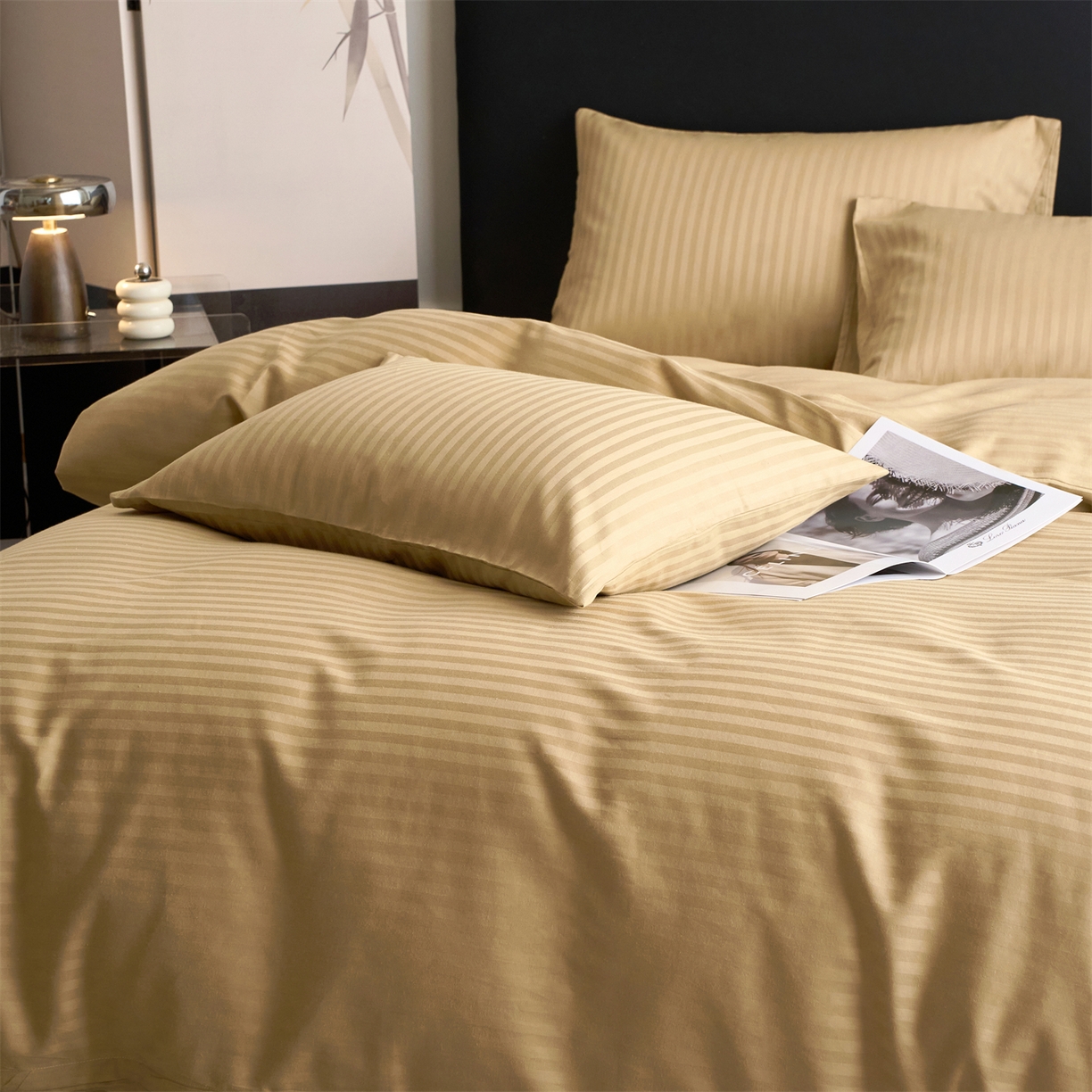 91家纺网 家纺一手货源 找家纺 兰紫橙家纺 2026新款全棉纯棉纯色贡缎缎条四件套 缎条-卡其